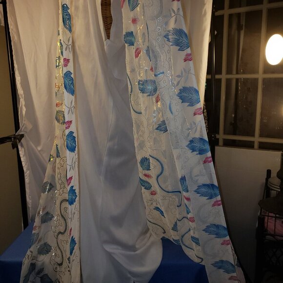 Beaded White Silk Chiffon Caftan, One Size, White/Blue/Gold - Picture 5 of 8